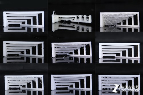 9個不同型號3D打印機打印懸空結(jié)構(gòu) 都存在不同程度的垂絲情況