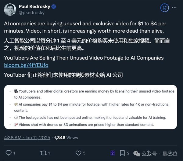 OpenAI谷歌回收“廢舊”視頻 UP主外快渠道+1!單筆可賺數千美元